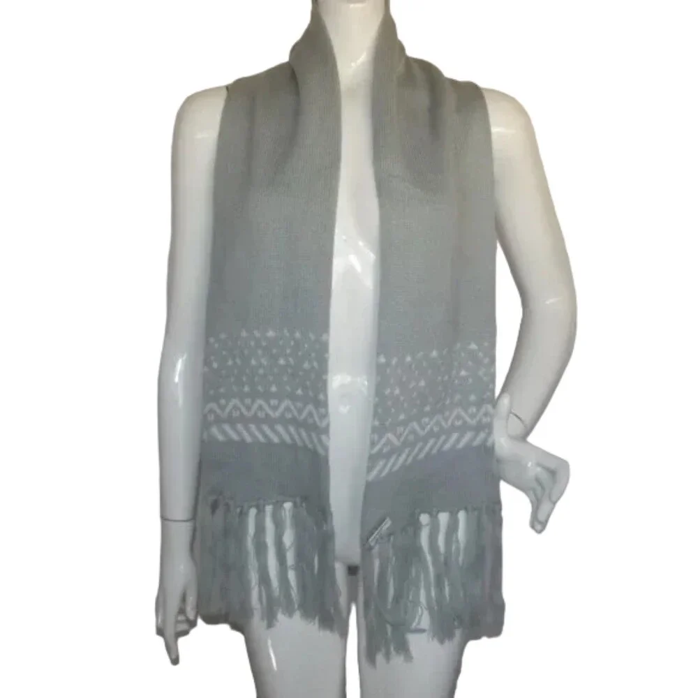 Knit Scarf, 7 x 55.5, Grey, White Pattern, Fringe ends, Acrylic, Mid weight